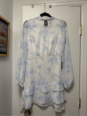 Express Blue White Floral Mock Neck Ruffle Dress NWT Small